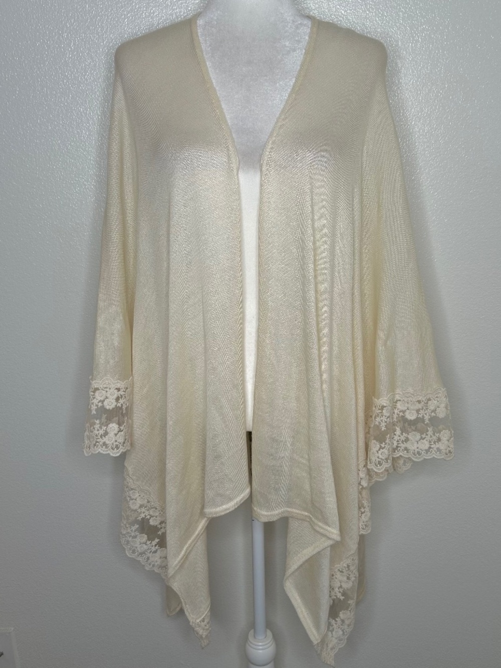 LC Lauren Conrad Womens Ivory Open Front Relaxed Cardigan Crochet Trim One Size